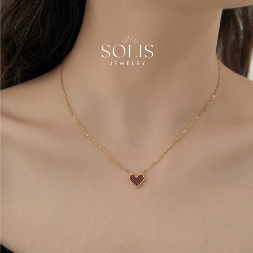 18K Vintage Retro Wine Red Heart Pendant Chain Necklace • Non-Fade  Stainless Titanium Steel Women