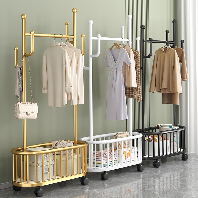 Movable Clothes Rack Bedroom Clothes Hanger With Basket Universal ...