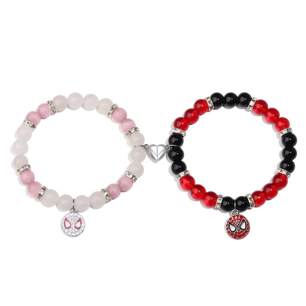 2PCS Bracciali Matchati Con Ragno Per Coppia E Amici - Bracciali Elasticizzati In Cristallo Rosa E Rosso, Regalo Per Figlia E Migliore Amica