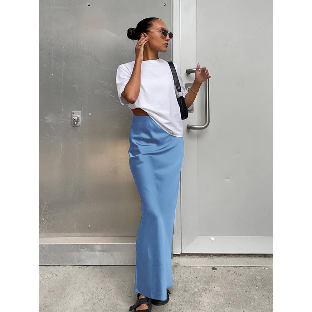 Elegant satin black flared skirt fashion slim high waist skirt womens 2024 solid color long skirt spring summer Shopee Philippines