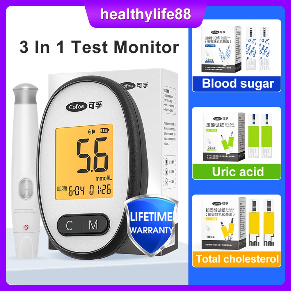 Cofoe Blood Glucose Uric Acid & Cholesterol Meter 3in1 Test Kit Multi