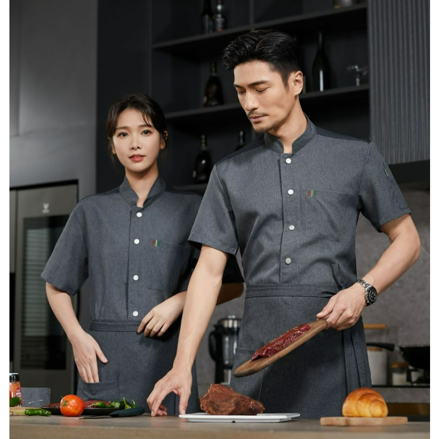 Men Grey Chef Coat Short Sleeve Summer Chef Uniform Restaurant Hotel ...