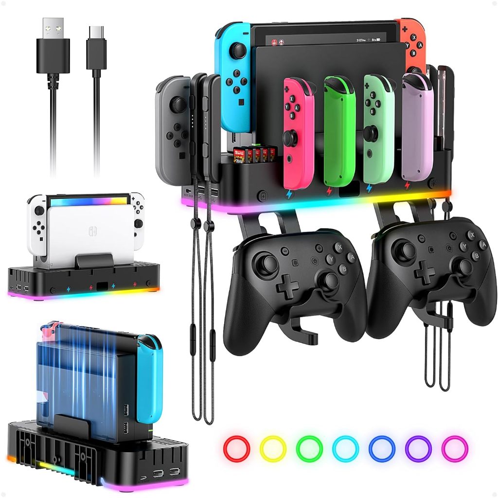 RGB Multifunctional Stand Wall Mount for Nintendo Switch/OLED Joycon,  with 15 Light Mode USB Port, Switch Organizer for 10 Card Slots, Hooks