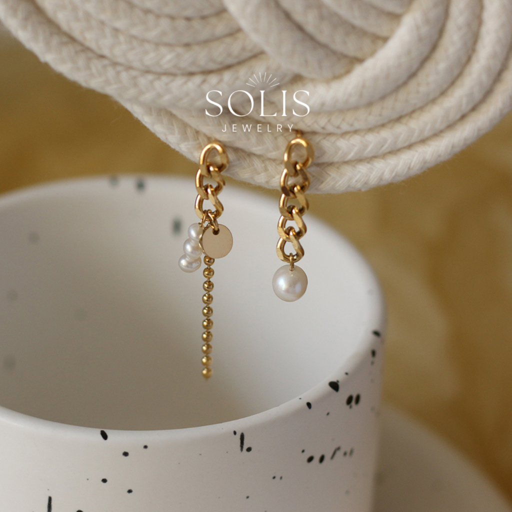 Asymmetric 18K Pearls Chain Dangle Earrings • Stainless Steel Titanium  Hypoallergenic