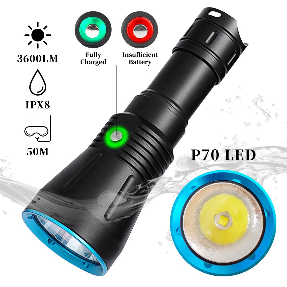 Diving Flashlight P70 LED ultra bright 3600LM with Power Display ...