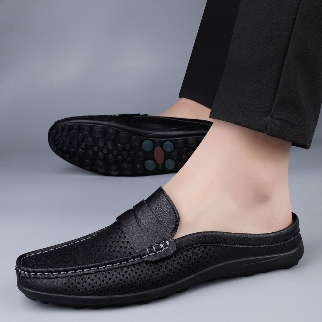 Ready Stock Men s Half Loafers Men Leather Shoes Mules Large Size 38 47 Work Shoes Business Shoes Soft Leather Non slip Men s Dress Shoes Casual