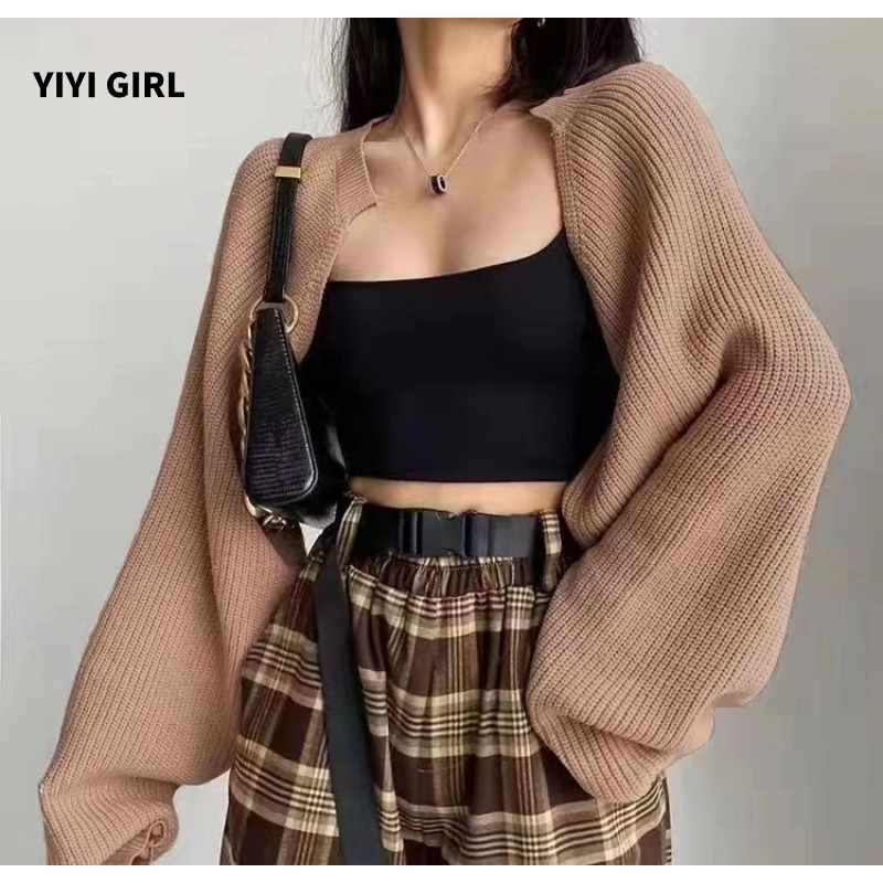 YIYI GIRL Knitted Cardigan Sunscreen Women Loose Long Sleeved Solid Color  Short Top