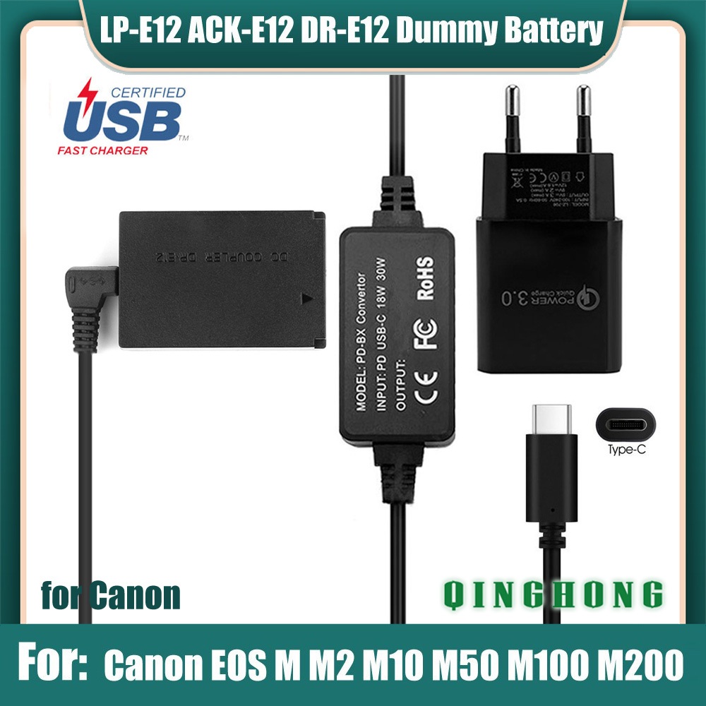 LP-E12 LPE12 Dummy Battery DR-E12 DC Coupler Power Bank USB Type-C PD  Cable for Canon EOS M M2 M10 M50 M100 M200 Cameras
