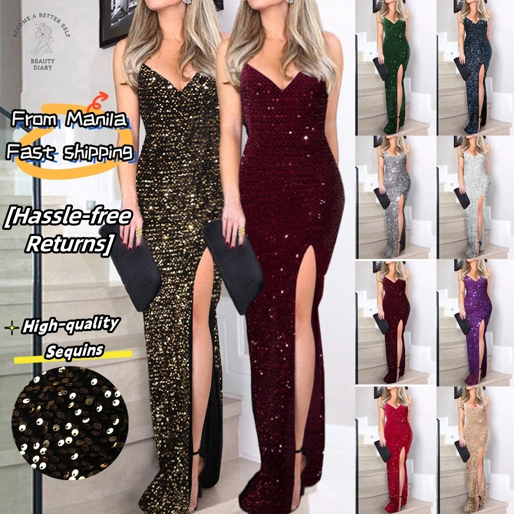 Shipped From Manila COD Glitter Sequin Cocktail Dress Sexy Black Elegant Glam Long Evening Gown High Slit Glitz and Glamour Js Prom Gown Hollywood Glamour Dress for Party Shopee Philippines