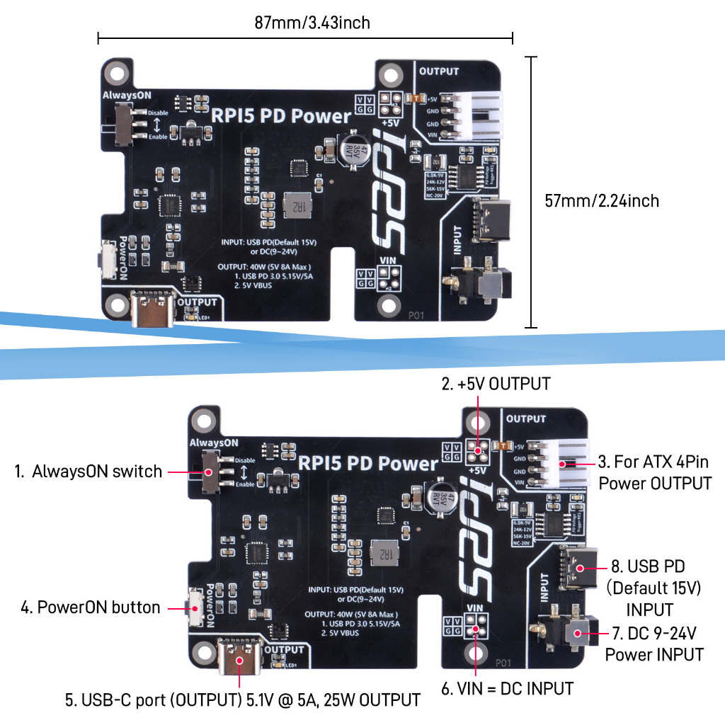 52Pi RPi 5 PD Power Expansion Board for Raspberry Pi 5 with Always-ON ...
