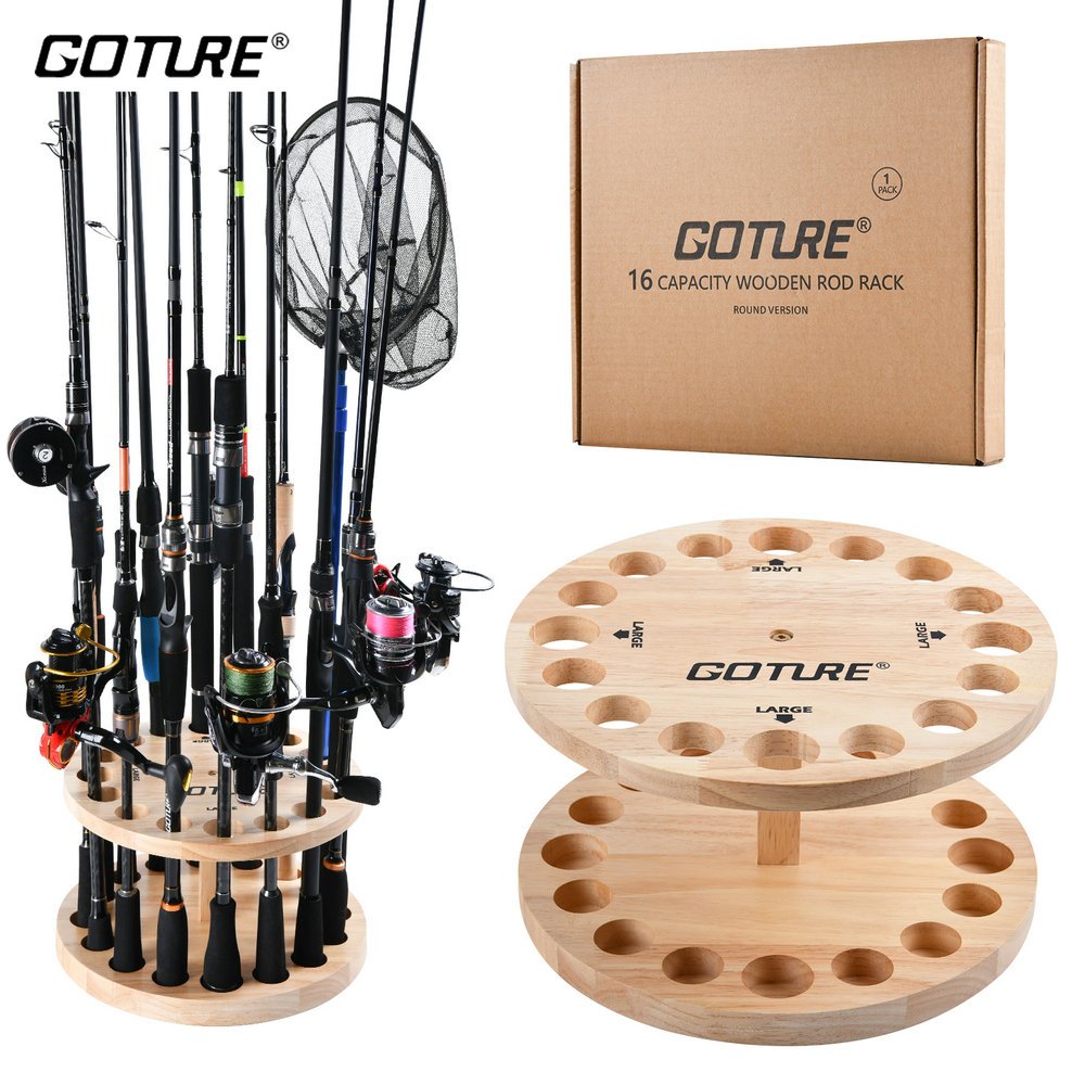 Goture 16 Slots Round Vertical Fishing Rods Holder Wood Display Rack ...