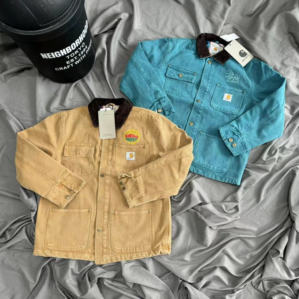 Carhartt STUSSY Co Branded Retro Cargo Jacket Michigan Multi Pocket Canvas Jacket Lapel Men Women Couple Style