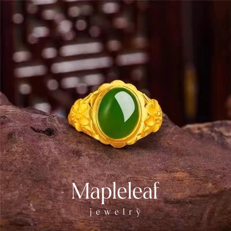 Original 18K Saudi gold pawnable malaysia gold Ring Men's Natural Jade ...