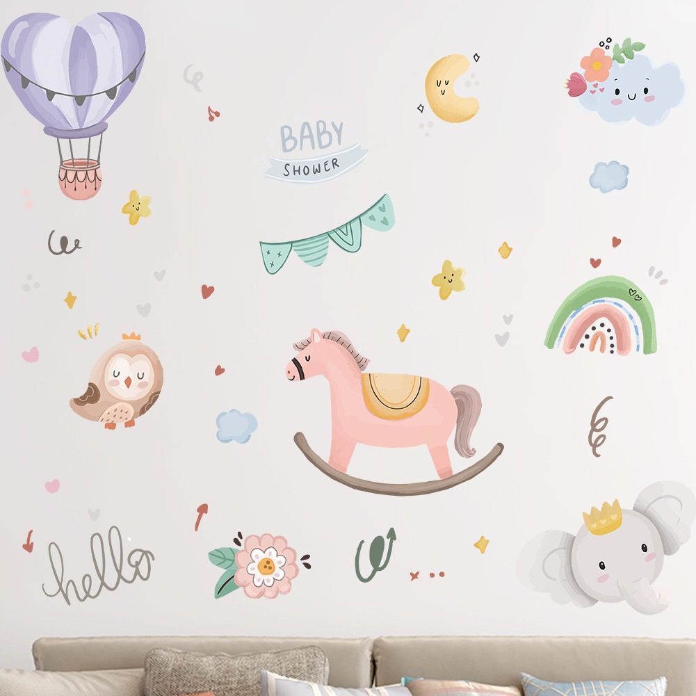 Cartoon Rainbow Clouds Hot Air Balloon Wall Stickers, Kindergarten ...