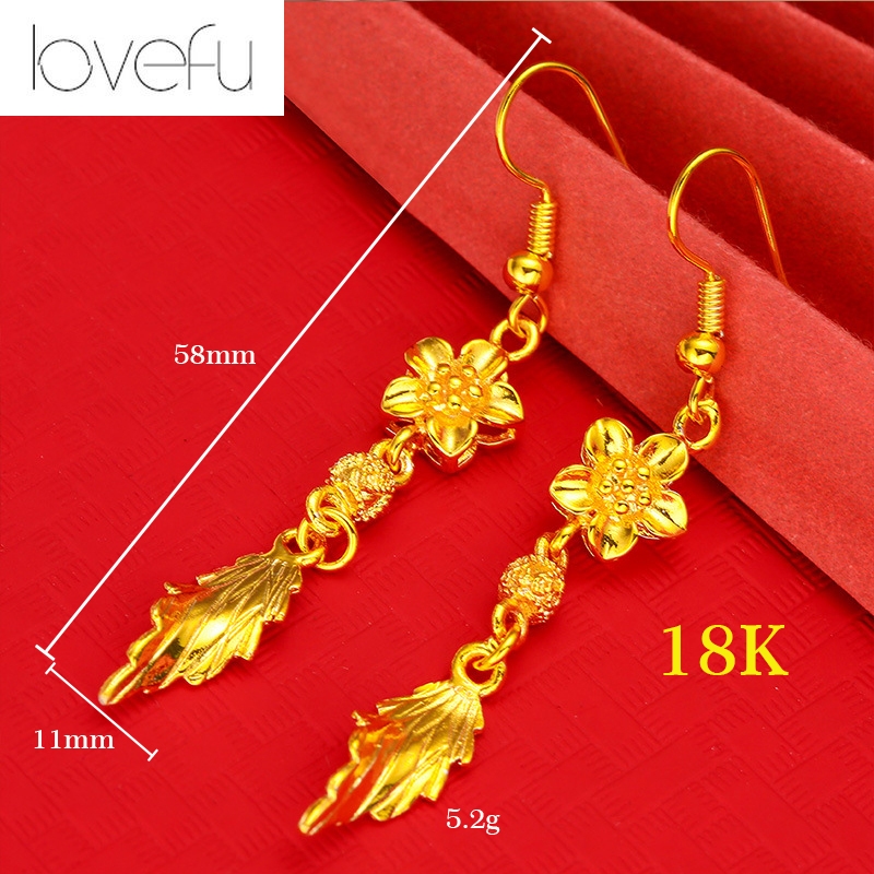 18K Gold Pawnable Earrings Women Leaf Pendant Long Drop Dangle Hook  Elegant Party Wedding Birthday Gift Jewellery Hypoallergenic Non Tarnish 