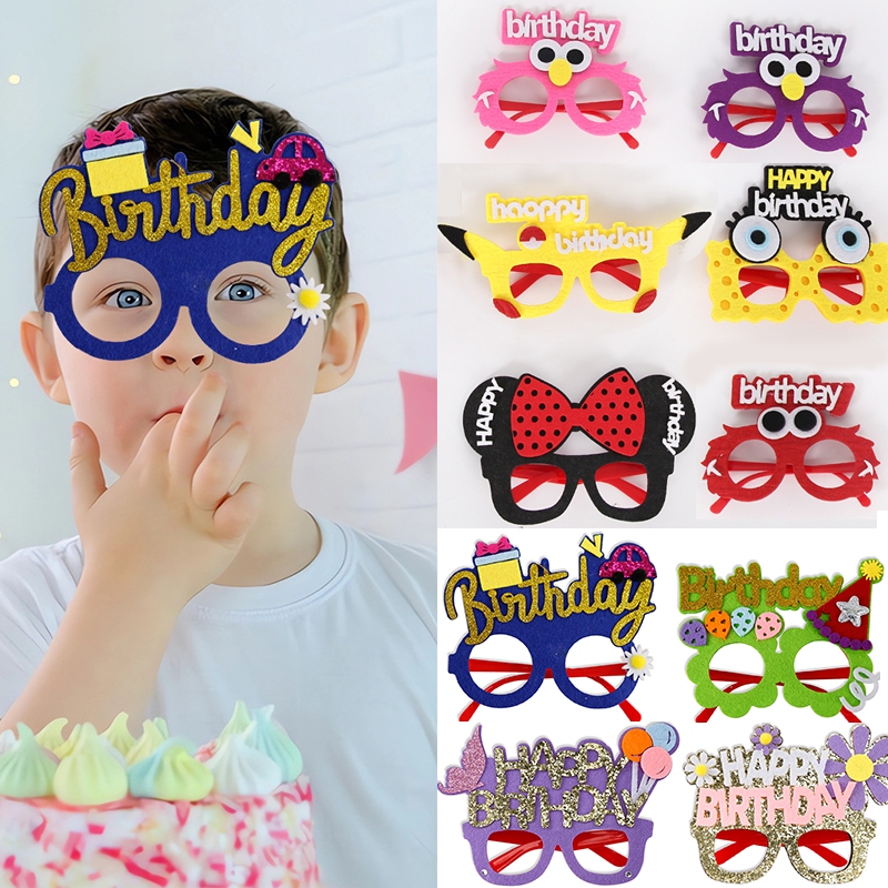 Child Birthday Glasses Balloon Cake Flower Gift Box Shape Eyeglass Felt  Frame Photo Props Adult Sesame Street Sponge Baby Theme Party Decor Happy 