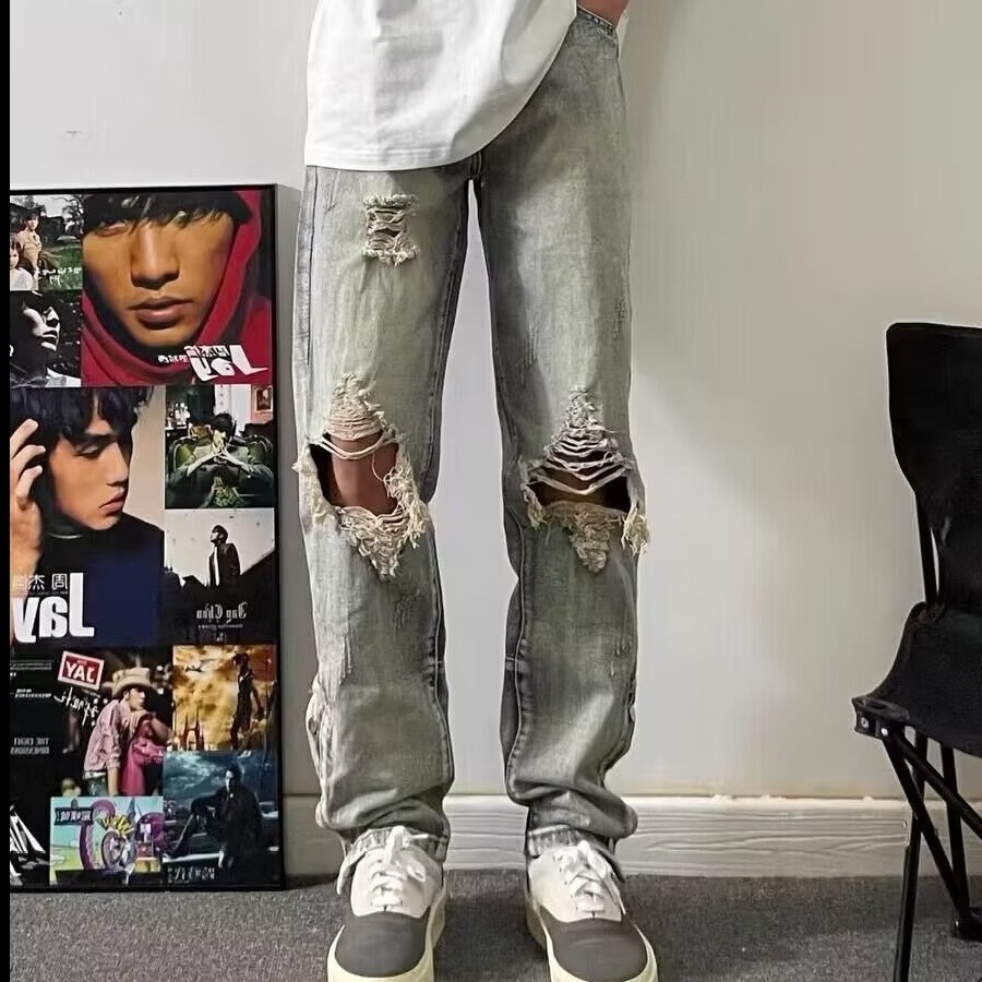 2024 Hot New Summer Men's High Street Ins Long Ripped Jeans Men Casual ...
