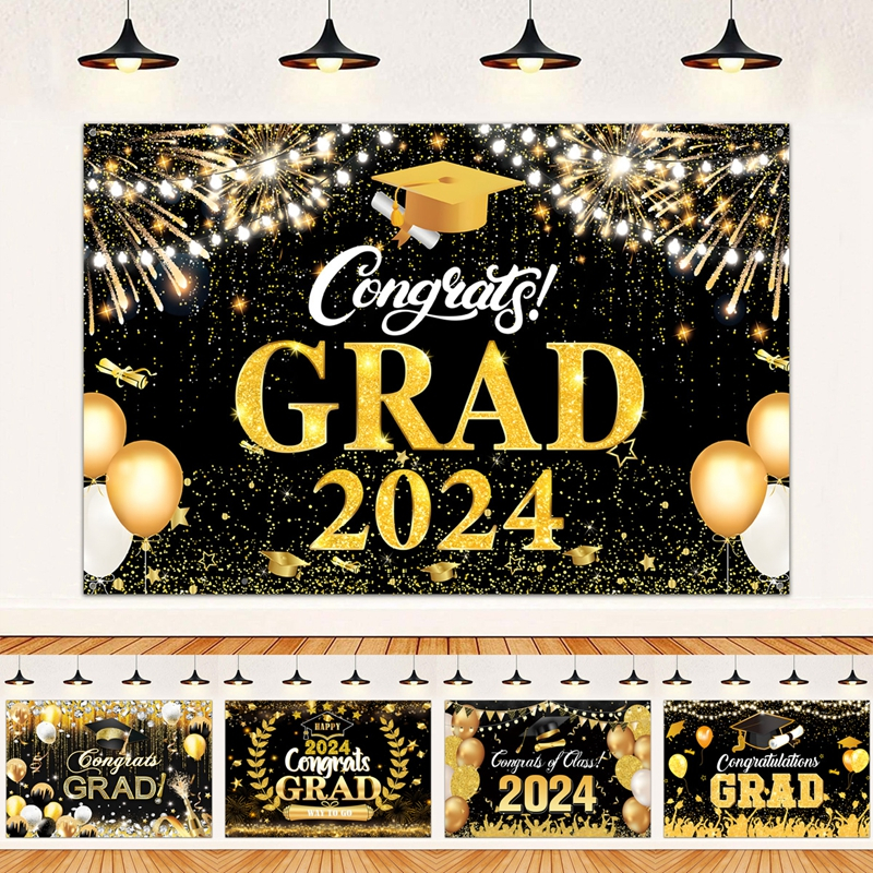 100*150cm Vinly Graduates Grad 2024 Backdrop Black Gold Glitter ...