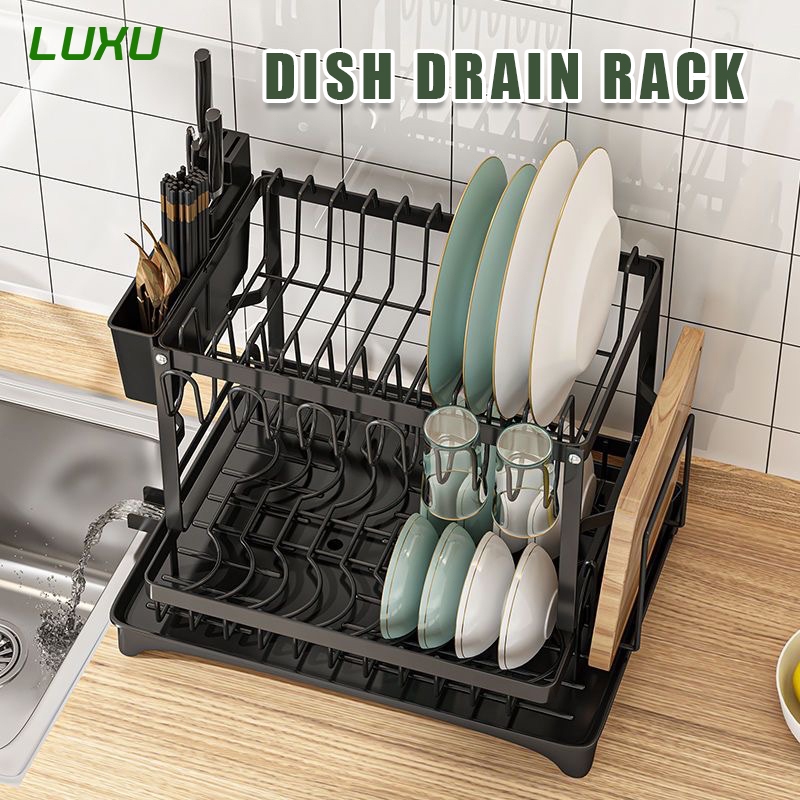 LUXU 2 Tiers Dish Rack With Drainer Organizer Cabinet Kitchen Plates ...