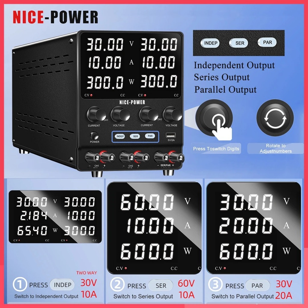 NICEPOWER DualChannel DC Power Supply Adjustable 3 Channel 30V10A Lab