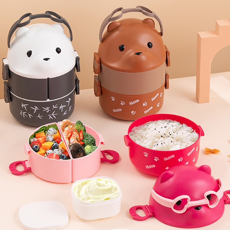 Stackable Bento Box Kids Cute Bear Leakproof Lunch Containers For Hot ...