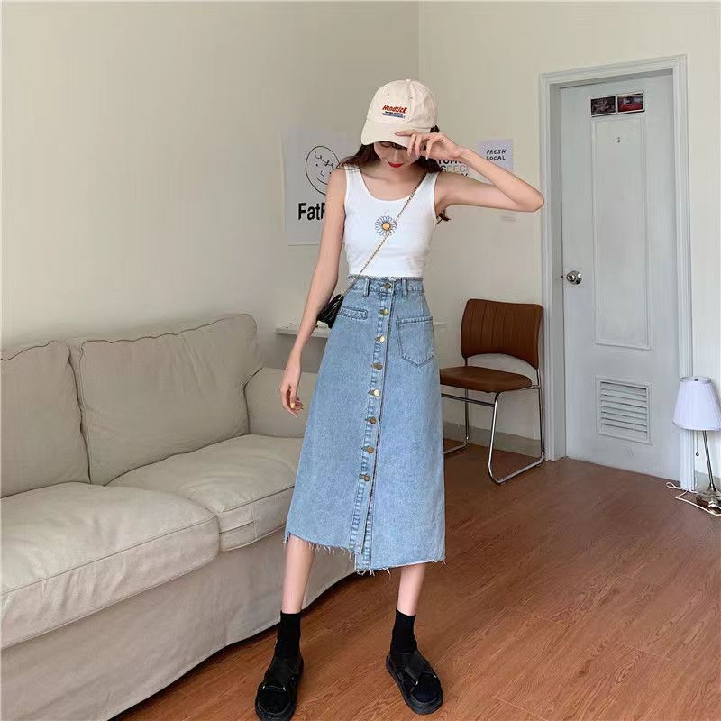 2020 Spring New Korean High Waist Denim Skirt Mid length Large A line Umbrella Skirt Denim Skirt Long Skirt Summer Shopee Philippines