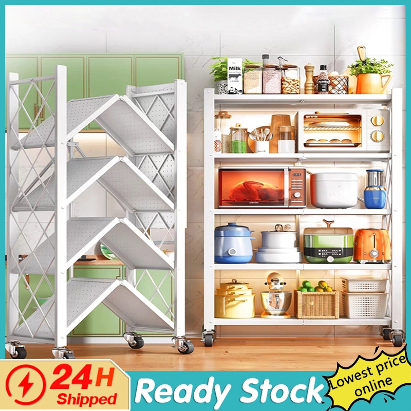 【Foldable】3-5 Layer Kitchen Folding Racks Rack Shelves With Wheels ...