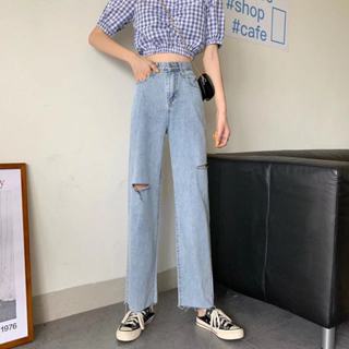 2024 Korean Ripped Jeans Straight Wide Leg Pants Jeans High Waist Jeans ...