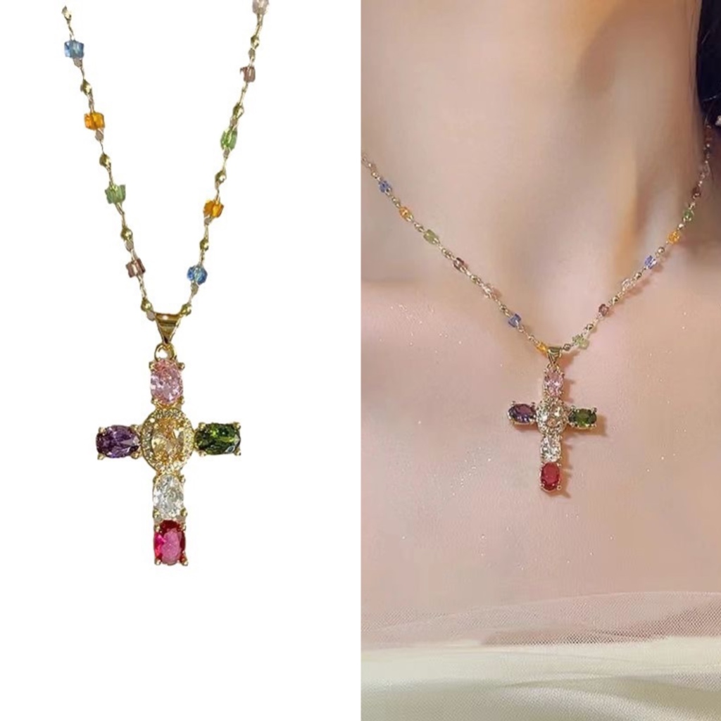 Color Cross Contrast Color Crystal Necklace Niche Design All-Match ...
