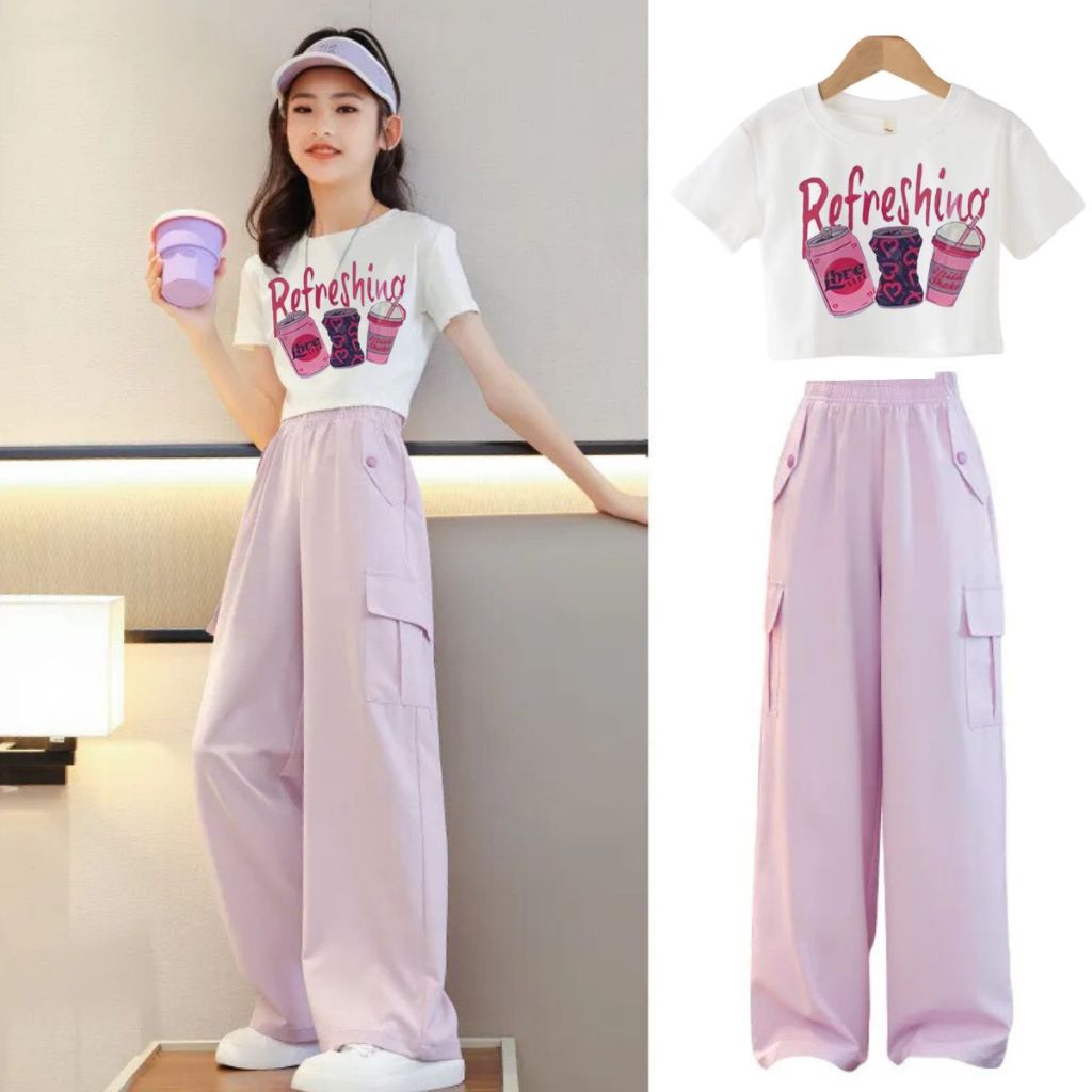 3-14 Years Old OOTD Terno Set for Girls Ice Silk Wide Leg Cargo Pants ...