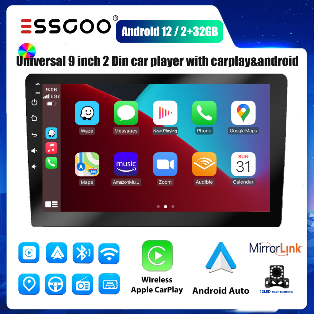 ESSGOO with carplay&android auto 2GB+32GB 9 inch Universal Android Car Stereo Bluetooth/GPS/FM