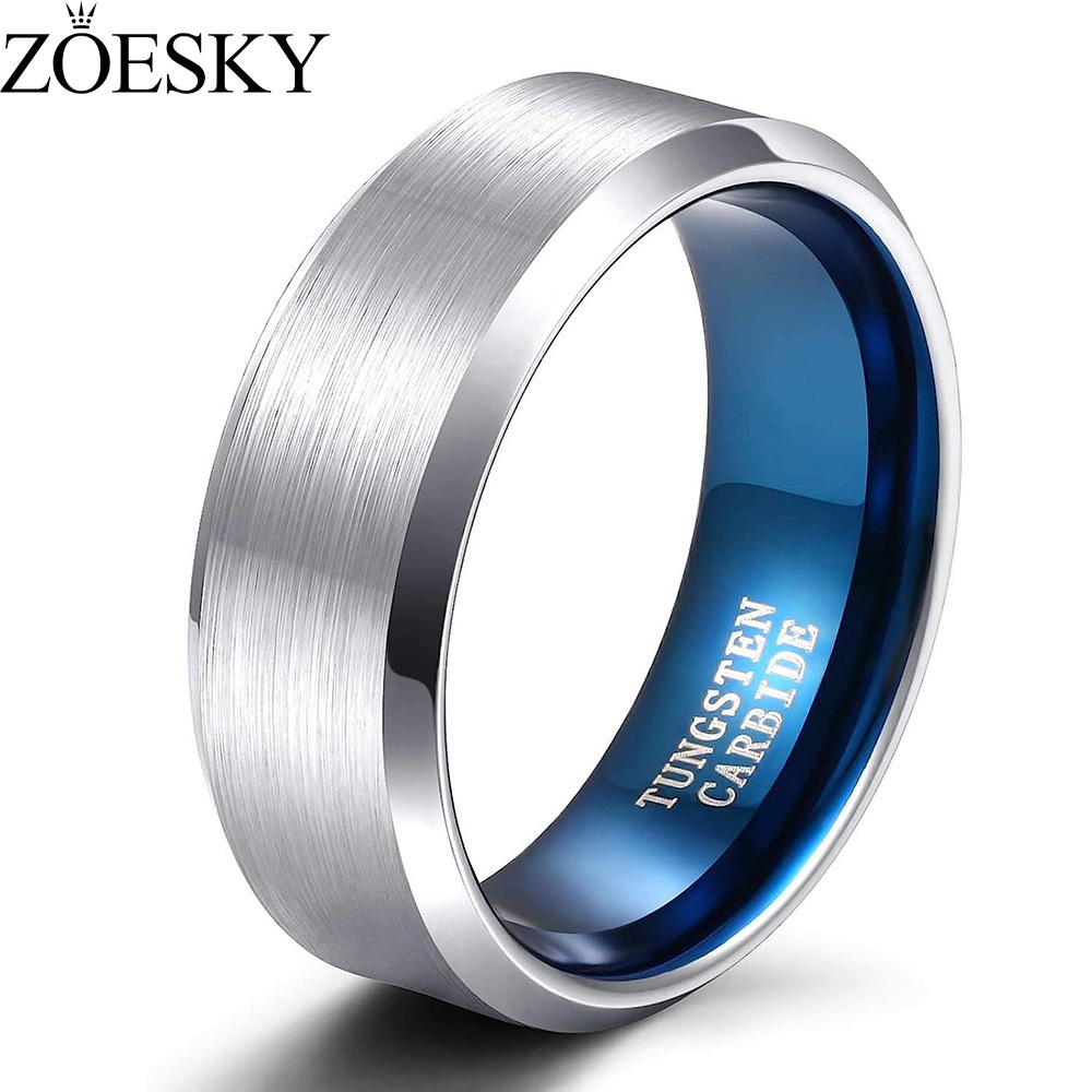 ZOESKY 8mm Tungsten Wedding Band Ring for Men Women Silver Blue Two ...