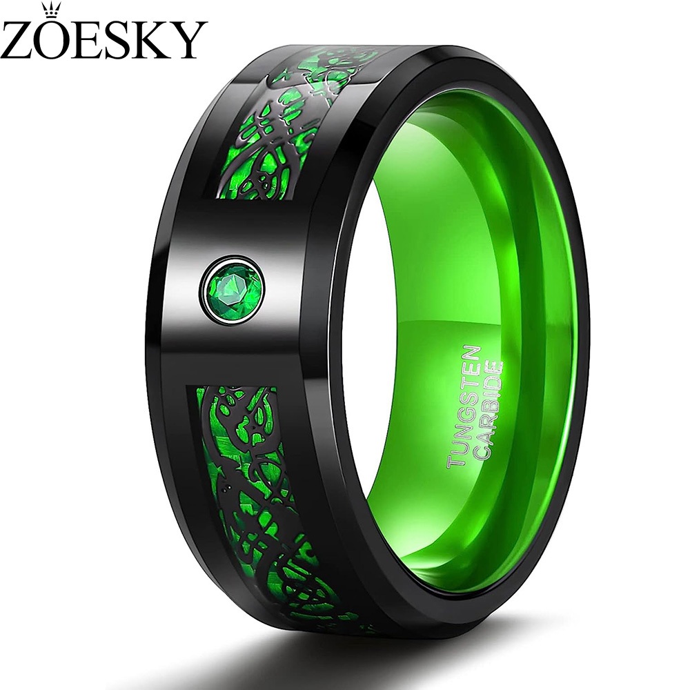 ZOESKY 8MM Tungsten Rings for Men Black/Green Cubic Zirconia Eternity ...