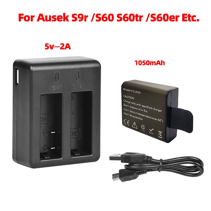 1050mAh Dual Battery Charger For Ausek S9r S60 S60tr S60er Q80tr M40tr  SJ4000 SJCAM Supremo,AKASO,EKEN Accessories