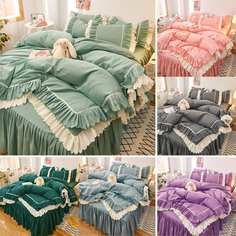 4pcs Bed Skirt Set with Quilt Cover Pillowcase Princess Style Lace Bedsheet with Skirting Set ...