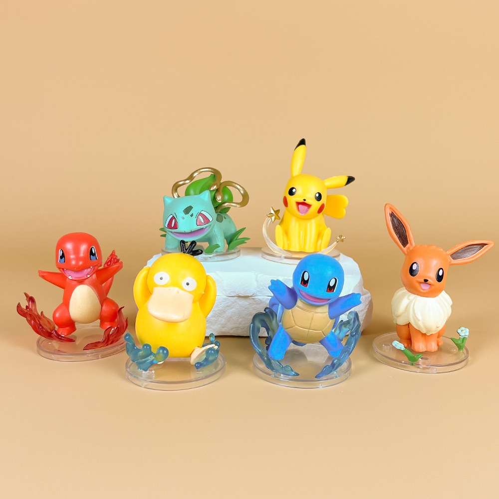 6Pcs/Set 8cm Pokemon Anime Figure Eevee Pikachu Charmander Psyduck Squirtle  Bulbasaur Q Version PVC Action Figures Model Doll Toys Gifts