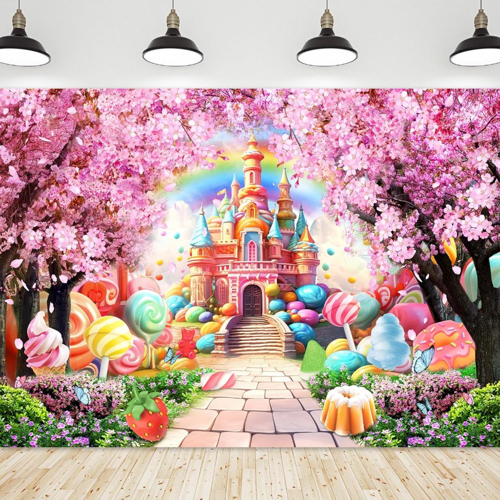 Princess Castle Backdrop Pink Sakura Candyland Rainbow 7Wx5H Feet ...