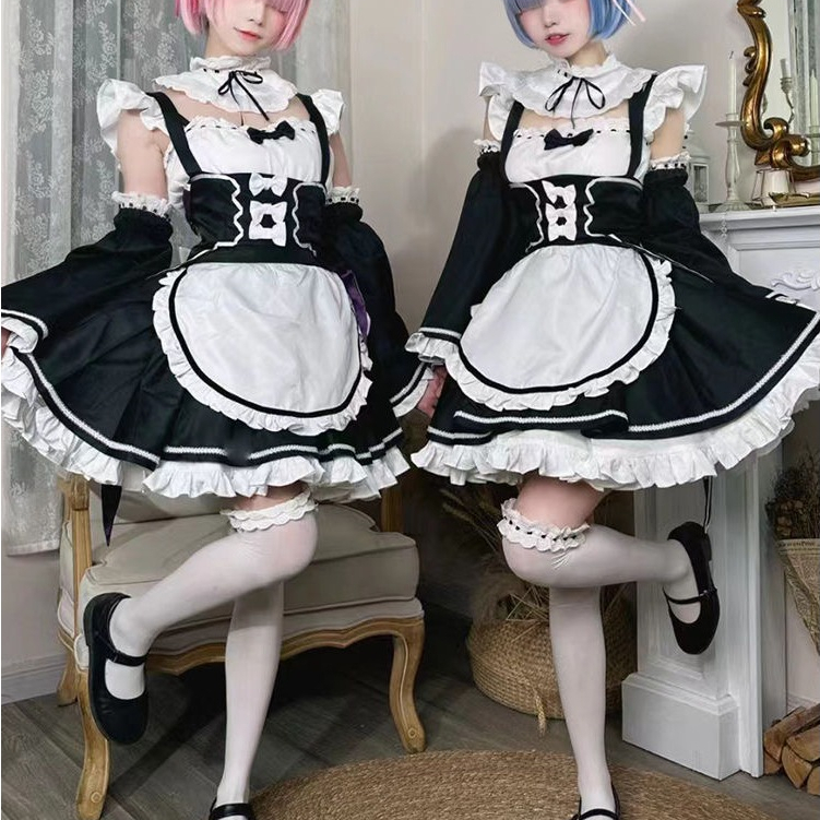 Re:Zero Ram/Rem cosplay Costume Cute Lolita Maid Dress Full Set with ...