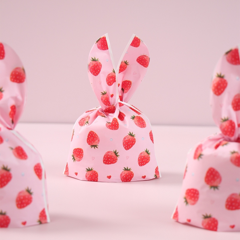 50pcs/set Strawberry Candy Bags Rabbit Ear Design Plastic Packaging ...
