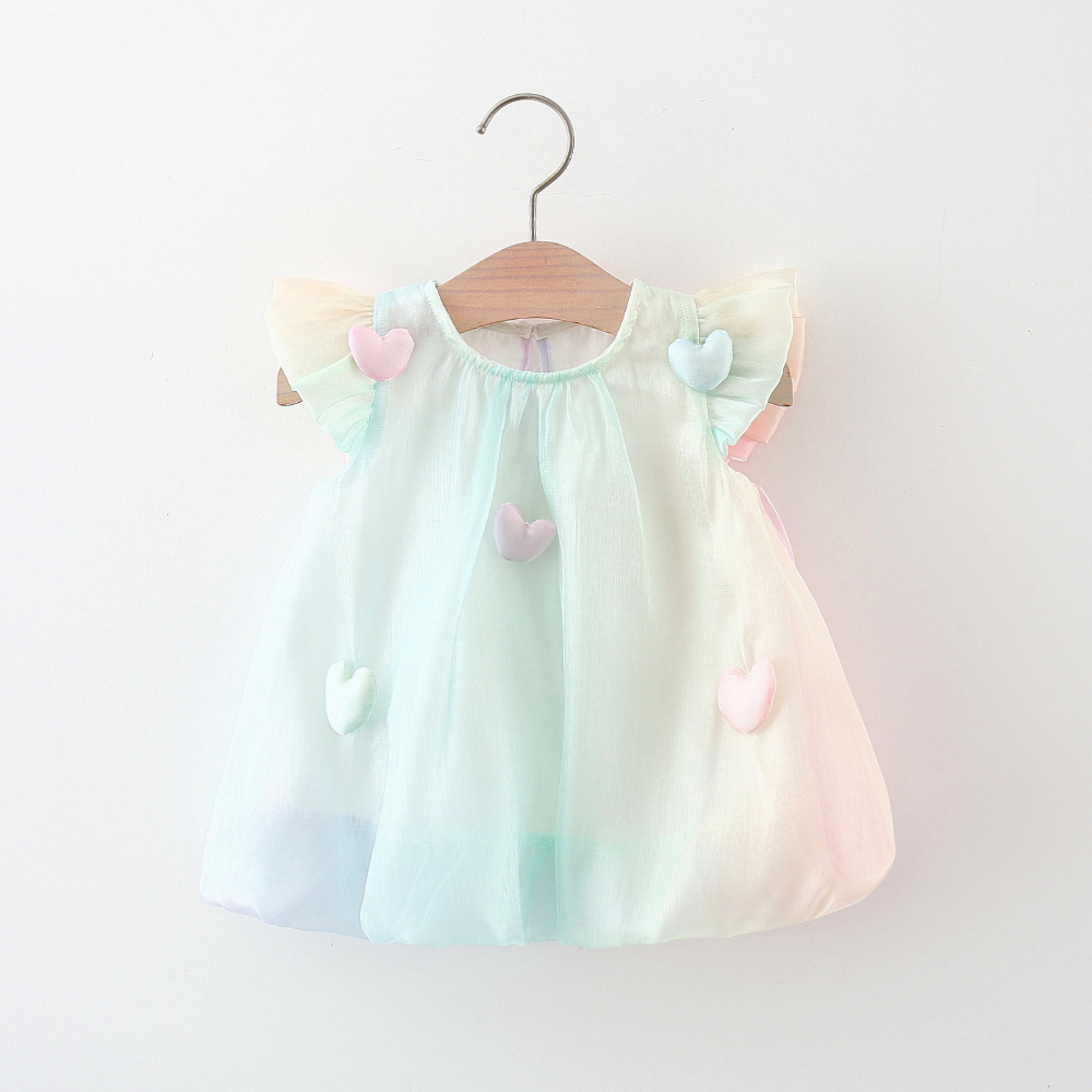 Baby Girl Cute Chiffon Dress With Small Flying Sleeves Rainbow Color Dress With Heart Decoration ...