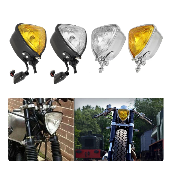 thumbnail image 2 of Black Metal Triangle Headlight Lamp – Flat Back – For Harley Chopper Bobber Custom 2 of 5