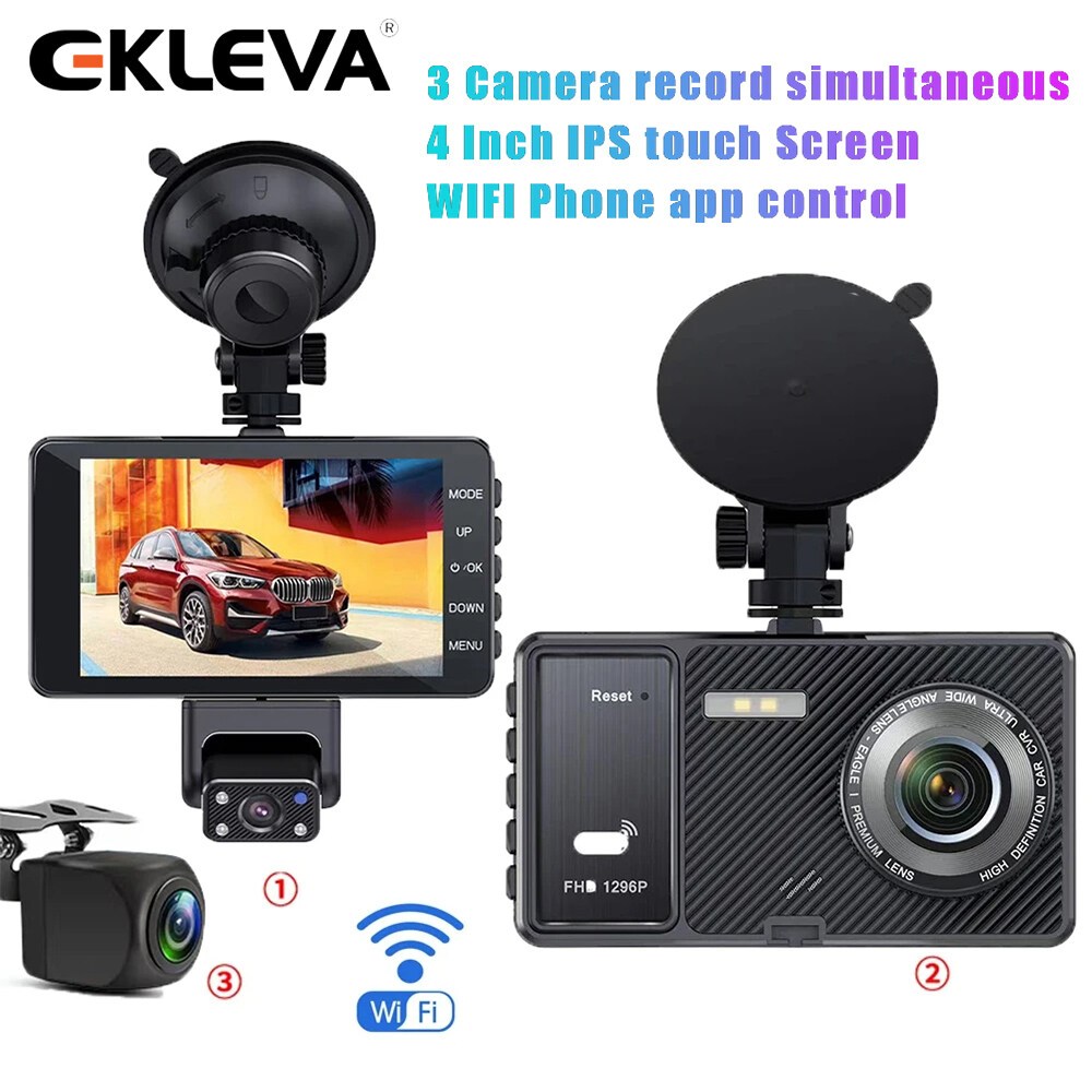 EKLEVA 3 Channel WiFi Dash Cam For Cars DVR Camera HD 1080P Car Video