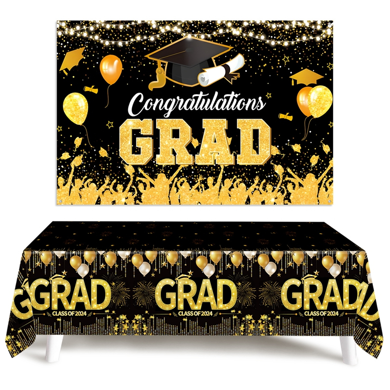 Black Gold Graduation Banner Congrats Grad 2024 Graduation Tablecloth ...