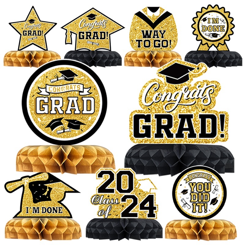 9pcs 2024 Graduation Honeycomb Centerpieces Congrats Grad Table Decor Gradaution Decoration Set 5390