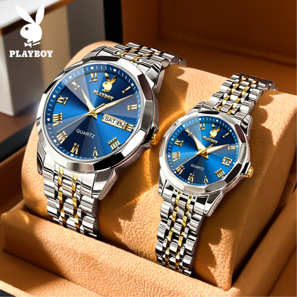 PlayBoy Couple Watch With Box Stainless Steel Strap Blue Gold Black 3502