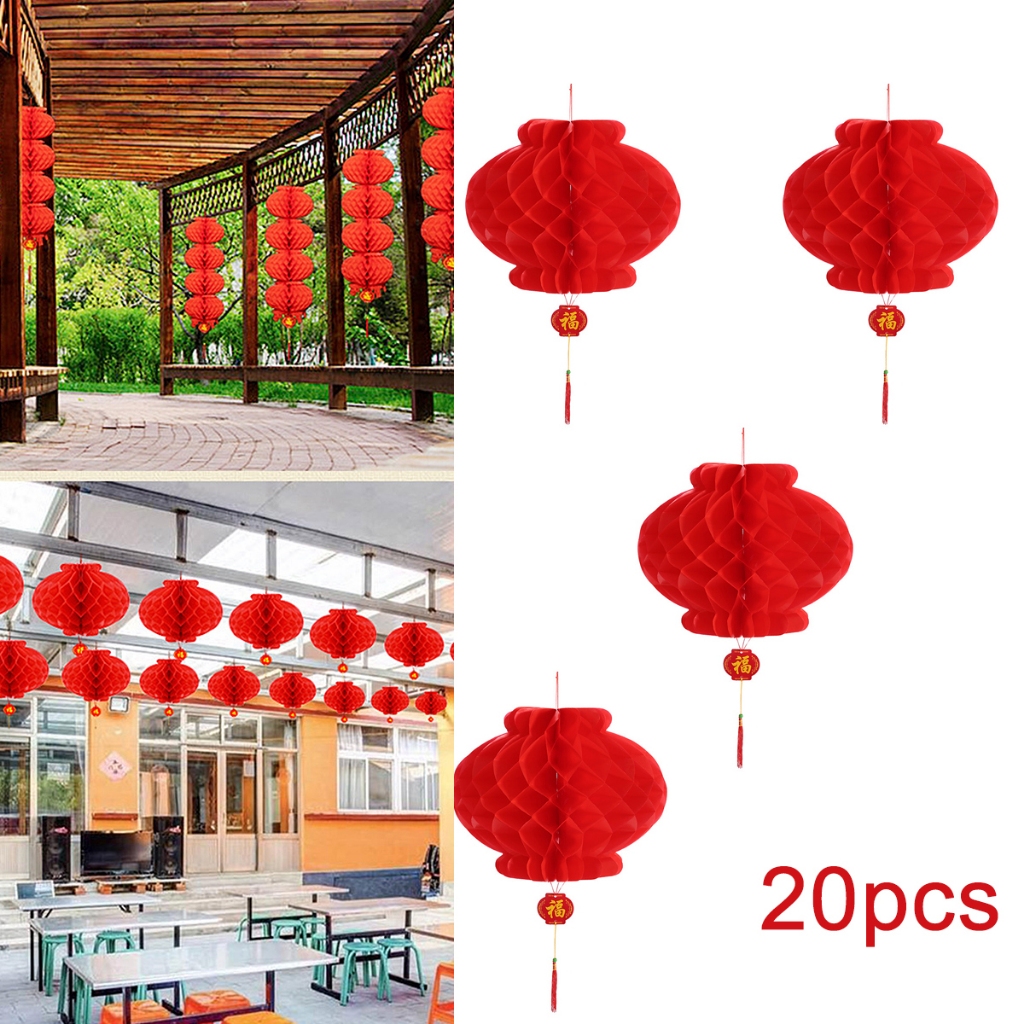 20 PCS Traditional Plastic Chinese Red Paper Honeycomb Lantern Reusable ...