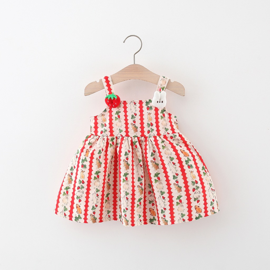 Summer New Red Strawberry Baby Girl Dress, Cartoon Little Rabbit 
