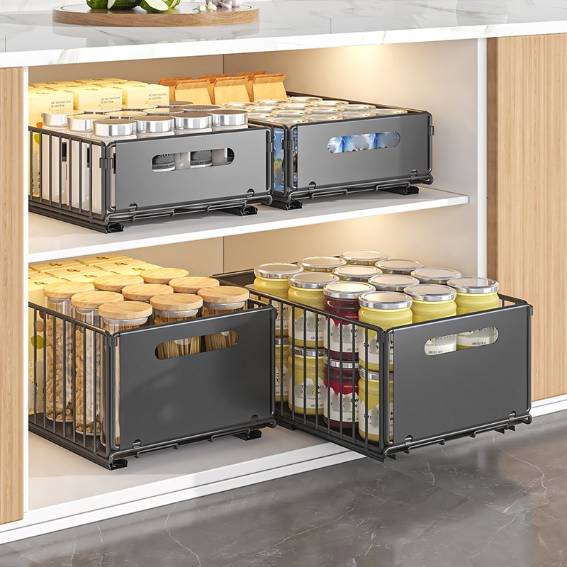 2 Pcs Kitchen Storage Rack Organizer Black Pullout Basket Organizer For ...