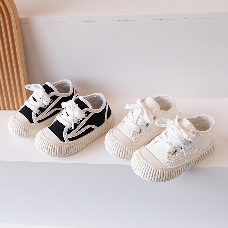 1-9 years old Kids black white lace-up soft bottom sneaker casual canvas  flat sport shoes