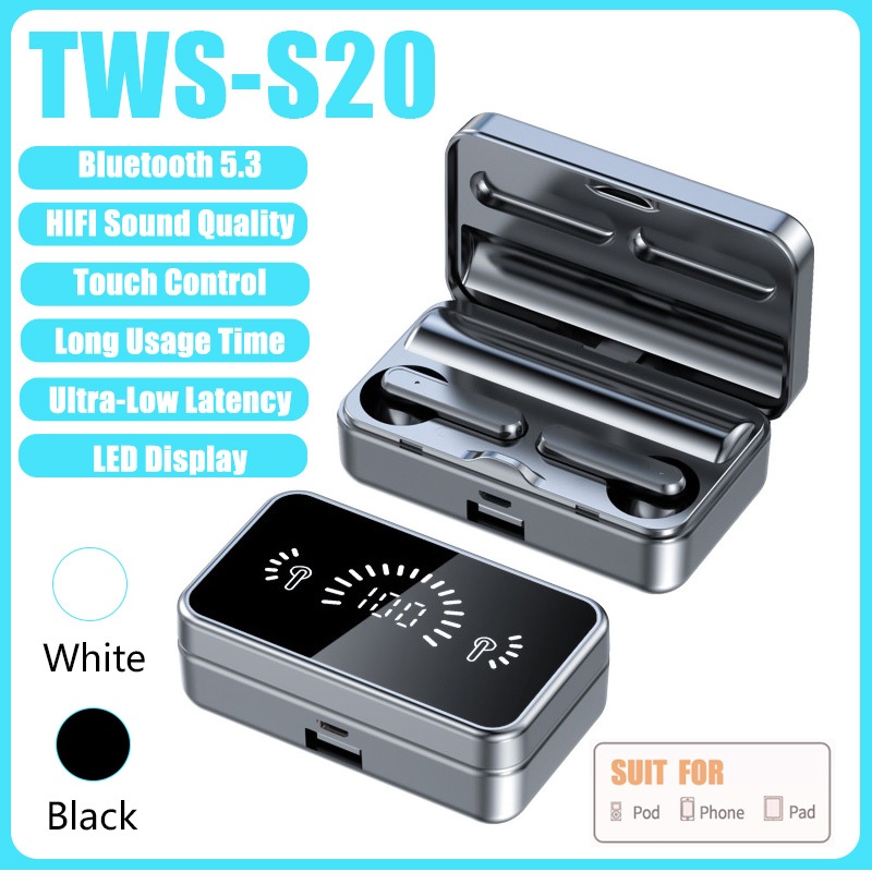 【Fast Delivery】TWS S20 Universal Wireless Bluetooth Earphones Mirror  Digital Display Headsets Stereo Earbuds Waterproof Headphones with Mic